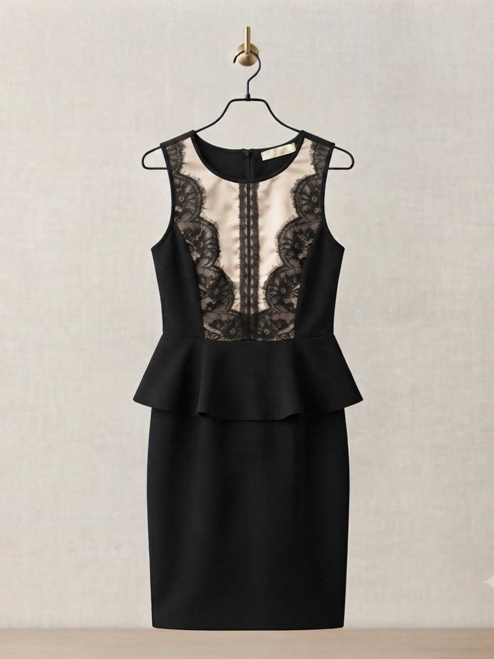 Black Peplum Lace-Panel Sheath Dress